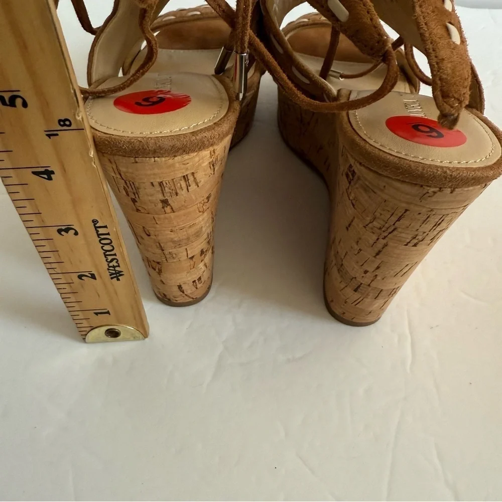 Boho Brown Tan Wedge Cork Platform Heel Sandals Ankle Strap Women Size 6